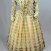 Dress, fan-front with printed green and lavender barege, 1840s, front view