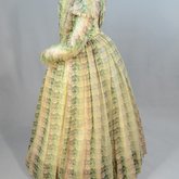 Dress, fan-front with printed green and lavender barege, 1840s, side view