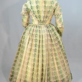 Dress, fan-front with printed green and lavender barege, 1840s, back view