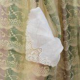 Dress, fan-front with printed green and lavender barege, 1840s, detail of handkerchief in pocket