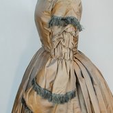 Dress, brown silk with black fringe trim, 1853-1863, detail of sleeve