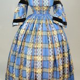 Dress, blue, yellow, and black plaid silk, with day bodice, 1860s, front view