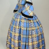 Dress, blue, yellow, and black plaid silk, with day bodice, 1860s, side view
