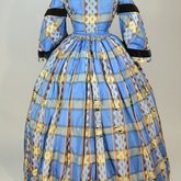 Dress, blue, yellow, and black plaid silk, with day bodice, 1860s, back view