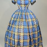 Dress, blue, yellow, and black plaid silk, with evening bodice, 1860s, front view