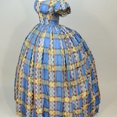 Dress, blue, yellow, and black plaid silk, with evening bodice, 1860s, side view