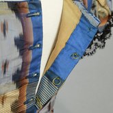 Dress, blue, yellow, and black plaid silk, with evening bodice, 1860s, detail of removable buttons