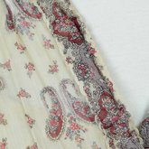 Dress, paisley-printed mull with fan-front bodice and tiered skirt, 1863, detail of trim