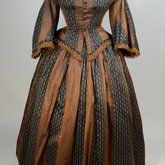 Dress, brown silk with black and white vertical woven stripes, 1850s, front view