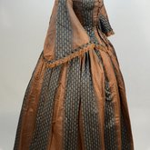 Dress, brown silk with black and white vertical woven stripes, 1850s, side view