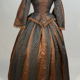 Dress, brown silk with black and white vertical woven stripes, 1850s, back view