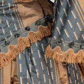 Dress, brown silk with black and white vertical woven stripes, 1850s, detail of trim