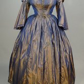 Dress, blue and copper shot silk with whitework collar, c. 1848 altered c. 1858, front view