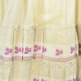 Walking dress, three pieces with bodice, skirt, and sash, beige barege with purple stripes and leaves, 1860s, detail of flounce