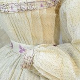 Walking dress, three pieces with bodice, skirt, and sash, beige barege with purple stripes and leaves, 1860s, detail of cuff, sash, and trim