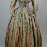 Dress, green, pink, and brown silk plaid, c. 1865, front view