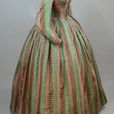 Dress, green, pink, and brown silk plaid, c. 1865, side view
