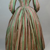 Dress, green, pink, and brown silk plaid, c. 1865, back view