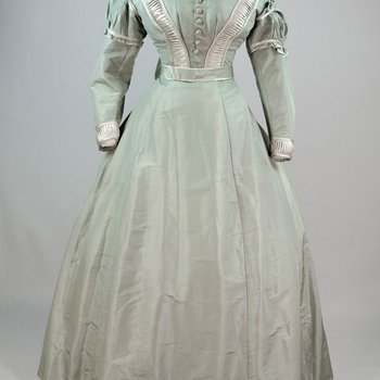 Dress, sage silk taffeta with belt, c. 1870, front view