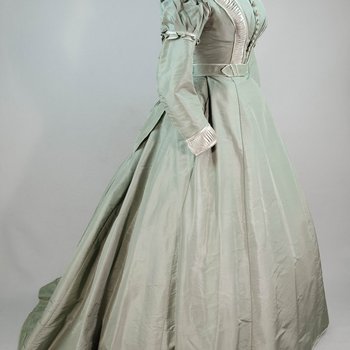 Dress, sage silk taffeta with belt, c. 1870, side view