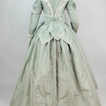 Dress, sage silk taffeta with belt, c. 1870, back view
