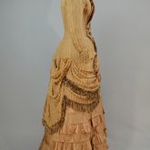 Dress, amber silk taffeta with chenille-fringed barege overdress, c. 1880, side view