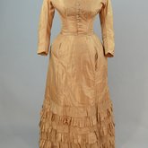 Dress, amber silk taffeta with chenille-fringed barege overdress, c. 1880, underdress