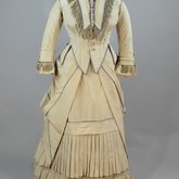 Dress, light gray silk faille with steel blue trim, 1870s, front view