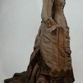 Dress, asymmetrical natural form brown silk taffeta and satin, c. 1880, right side view