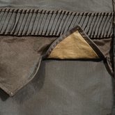 Dress, asymmetrical natural form brown silk taffeta and satin, c. 1880, detail of skilled finishing work