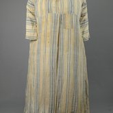 Dress, blue and white striped linen, homespun, c. 1800, front view