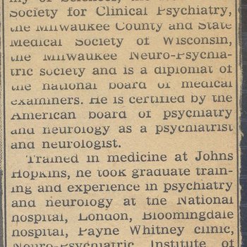 Dr. Joseph Kindwall named Medical Director, Milwaukee Sanitarium, June 1940