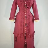 Housedress, cranberry red wool with self-trims, 1880s, front view