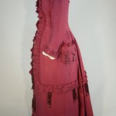 Housedress, cranberry red wool with self-trims, 1880s, side view