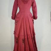 Housedress, cranberry red wool with self-trims, 1880s, back view