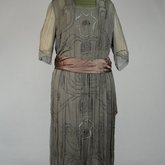 Dress, dark olive chiffon with brown satin sash over brown satin foundation, c. 1922, front view
