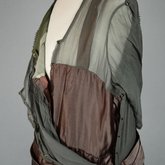 Dress, dark olive chiffon with brown satin sash over brown satin foundation, c. 1922, detail of opening