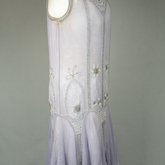 Dress, sheer lavender silk chiffon with silver and white beads and rhinestones, c. 1926, quarter view