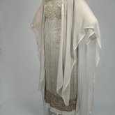 Dress, gray silk satin with a netted silver bead overlay and gray chiffon panels, 1921-1925, quarter view