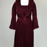 Dress, burgundy velvet with a standing collar and sleeve flounces, c. 1930, front view