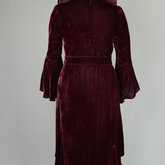 Dress, burgundy velvet with a standing collar and sleeve flounces, c. 1930, back view
