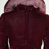 Dress, burgundy velvet with a standing collar and sleeve flounces, c. 1930, detail of back of collar
