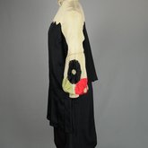 Dress, black silk charmeuse with cream silk yoke and sleeves, 1928, side view