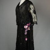 Dress, black silk chiffon with sequined allover lace, c. 1928, quarter view