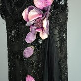 Dress, black silk chiffon with sequined allover lace, c. 1928, detail of velvet flowers
