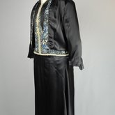 Suit, black silk satin with matching jacket, embroidered and beaded,1920s, quarter view