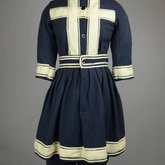 Bathing suit, navy wool with white braid, 1900-1910, front view