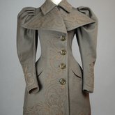 Coat, brown wool with leg-of-mutton sleeves and appliqué, 1894, front view