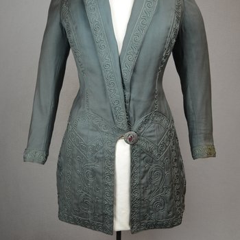 Coat, teal wool with cordwork, 1910-1915, front view