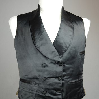 Man’s vest, black silk satin, 1865-1867, front view